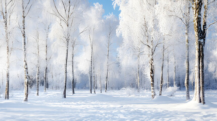 Obraz premium Snowy trees stand in the cold, white winter forest, where a misty fog obscures the distant landscape