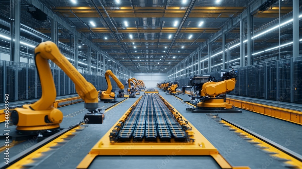 Poster automated robotics workflow manufacturing plant industrial process high-tech environment wide-angle 