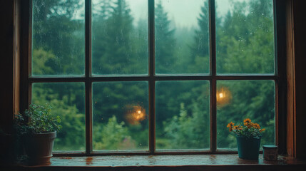 Fototapeta premium Rainy Day View Through a Rustic Window Green Trees and Potted Plants
