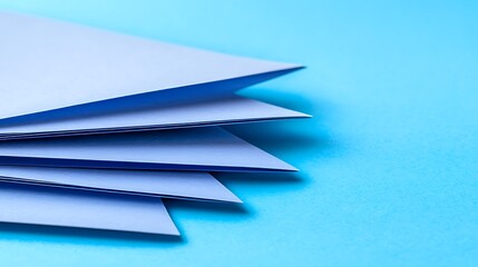 Pile of light blue paper sheets on a bright blue background close up