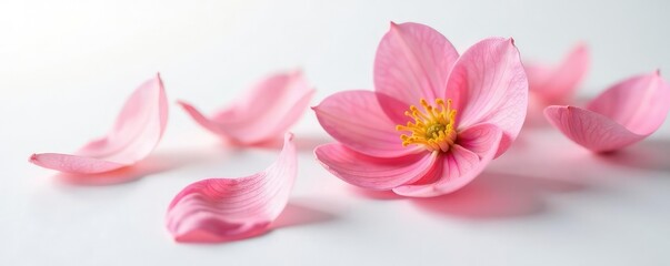 Fototapeta premium Delicate flower petals unfolding on a pristine white surface, delicate, isolation