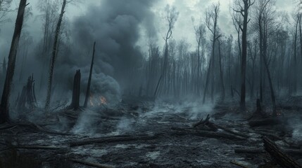 Obraz premium Devastating wildfire destruction charred forest photo series post-apocalyptic wide angle environmental crisis
