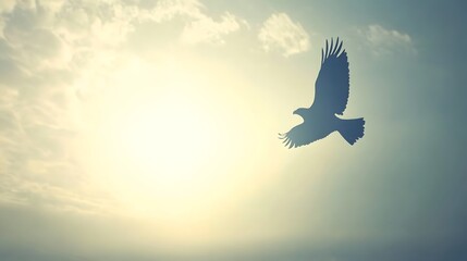 Silhouette of an eagle in flight against a bright, cloudy sunset. The bird is centered, conveying freedom and hope. Perfect for inspirational themes.