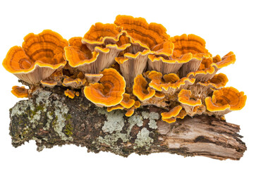Close-up of vibrant orange fungi on tree trunk . White background PNG