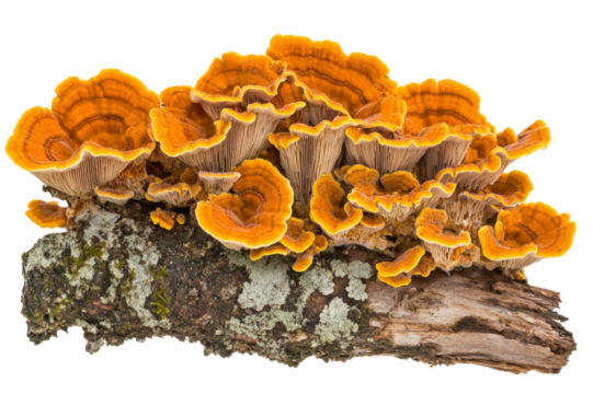 Close-up of vibrant orange fungi on tree trunk . White background PNG