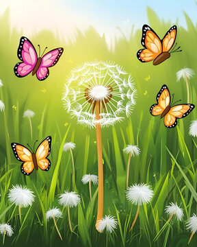Fototapeta dandelions, white dandelions, flower field, blooming flowers, soft flowers, fluffy dandelions, seeds flying, butterflies, butterflies and flowers, butterfly in field, butterfly on flower, butterfly cl