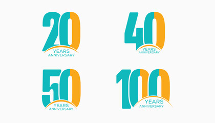 Celebrate a modern and vibrant anniversary logo set featuring "20 Years," "40 Years," "50 Years," and "100 Years" designs. The fully editable vector format is ideal for professional use.