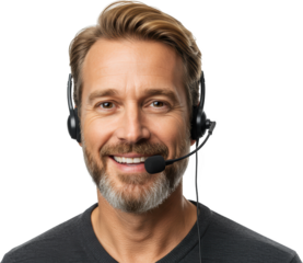 Smiling man with salt and pepper beard wearing a headset and grey sweater