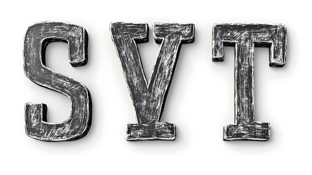 3D rendered letters SVT in black with a distressed, scratched texture.  Isolated on a white background. Perfect for logos, branding, or typography projects.