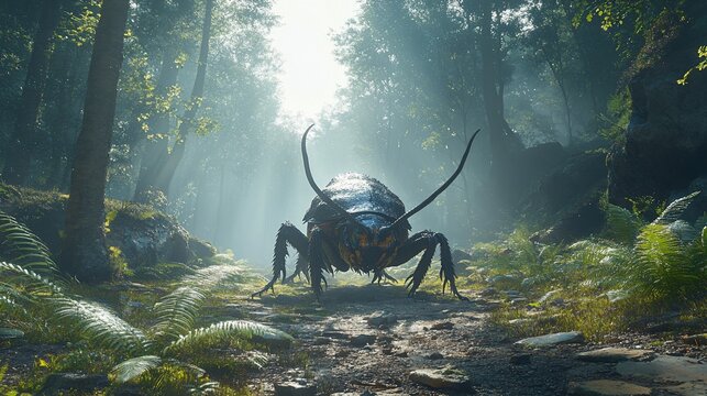 Giant insect stalks misty forest path
