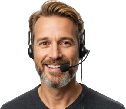Smiling man with salt and pepper beard wearing a headset and grey sweater