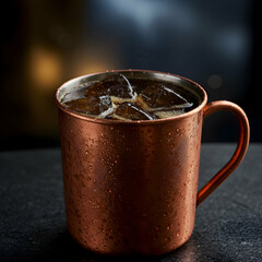 A close up of a copper mug filled with ice cubes and a dark liquid on a dark surface and background