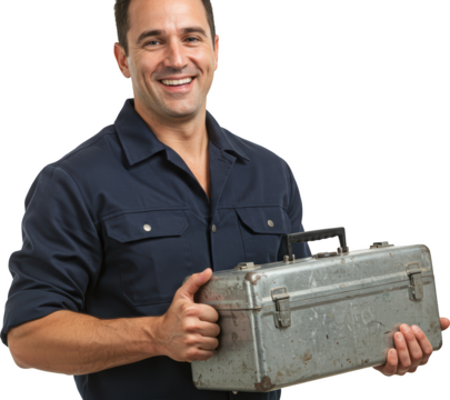Smiling Mechanic Holding a Worn Metal Toolbox in Navy Work Shirt