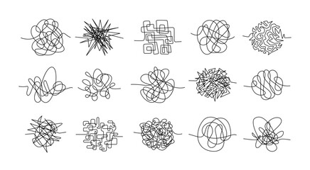 Doodle clew. Chaos lines, hand drawing tangled clew, insane mess scribble, confused brain thinking doodle, clutter complicated concept. Squiggles and scrawl vector set