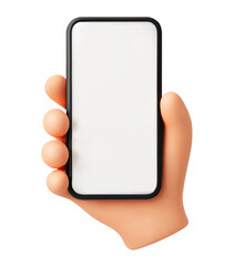 3D hand with phone. Cartoon soft clay hand holding cellphone with empty white screen isolated. Vector mockup for mobile phone application concept, 3D render style