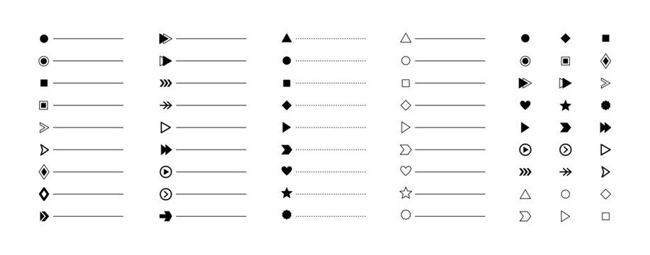 Bullet points. Minimalistic bullet point icons with arrows, dots and star, heart shapes. Vector set for UI UX design, web development, presentations and infographics