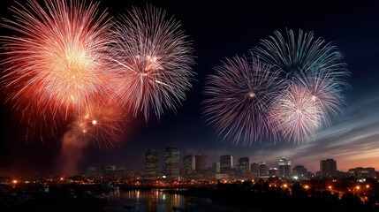 Fototapeta premium Fireworks display city skyline night photography urban environment