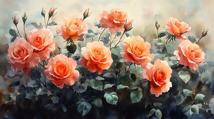 Romantic garden of roses watercolor style high resolution image