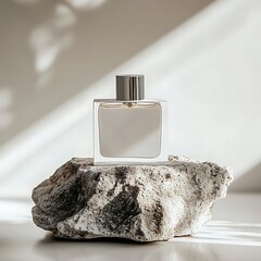 Perfume bottle with sunlight, and stone.