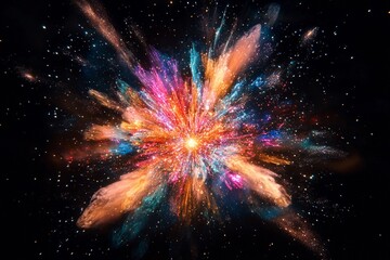Cosmic explosion showcasing vibrant colors and swirling particles in deep space