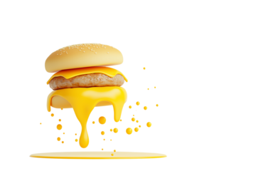 A cheeseburger with melting cheese dripping over the patty and bun.