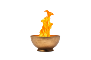 A golden ceremonial bowl with a vibrant flame rising from its center.