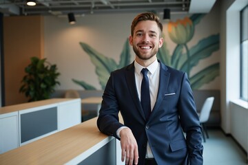 friendly and confident young businessman with blonde hair and beard, wearing a suit and tie, leaning casually against a counter in a modern office lobby while smiling warmly at the camera