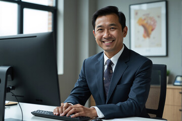 Friendly middle-aged East Asian businessman in suit and tie, smiling pleasantly while working at his computer desk in a modern office. Approachable professional employee concept