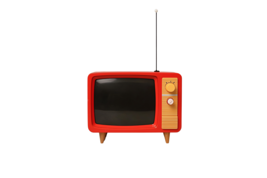 A vintage red television set with dials and an antenna. - Powered by Adobe