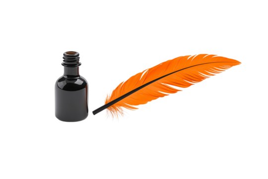 An orange feather quill pen rests beside a black ink bottle.