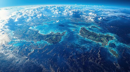Aerial view of islands surrounded by blue ocean water and white clouds.