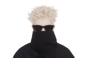 A person with platinum blonde spiky hair, wearing dark sunglasses and a high-collared black coat covering the lower face.