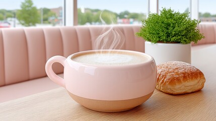 Steaming Cappuccino with Pastry and Plant on Woven Placemat