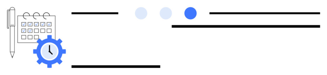 Calendar, pen, gear with clock, and progress dots represent scheduling, time efficiency, task organization, and progress tracking. Ideal for productivity, time management workflow business project