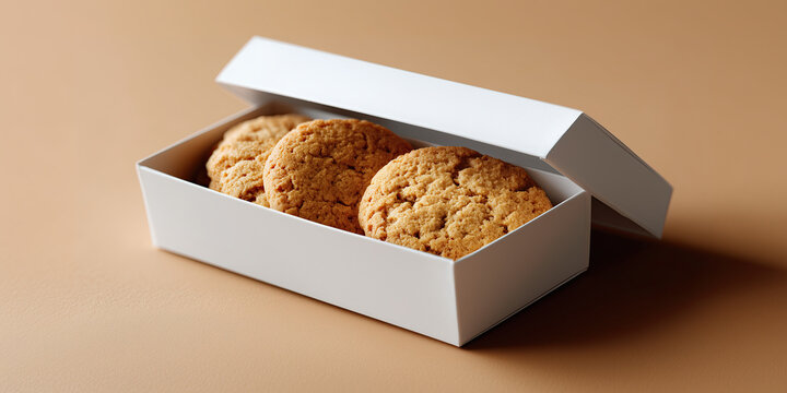 Minimalist cookie packaging box mockup with three gingersnap cookies on beige background