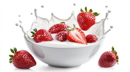 Ripe strawberries falling into a bowl of creamy milk, creating a milk splash on white background.