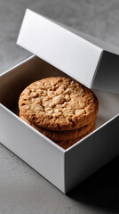 Minimalist gingersnap cookie white packaging mockup, crispy texture, sweet, delicious treat