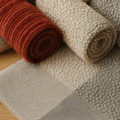 Close-up of fabric samples in various textures and colors