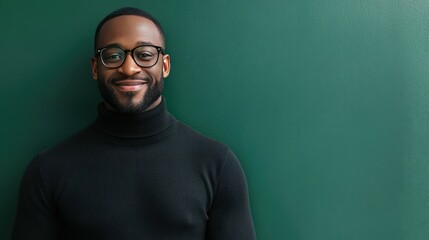 Fototapeta premium A cheerful man wearing a black turtleneck and glasses smiles while standing against a solid green background.