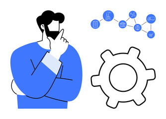 Thoughtful man with hand on chin, large gear symbolizing processes, network of nodes representing supply chain. Ideal for business strategy, logistics, process analysis, management, decision-making