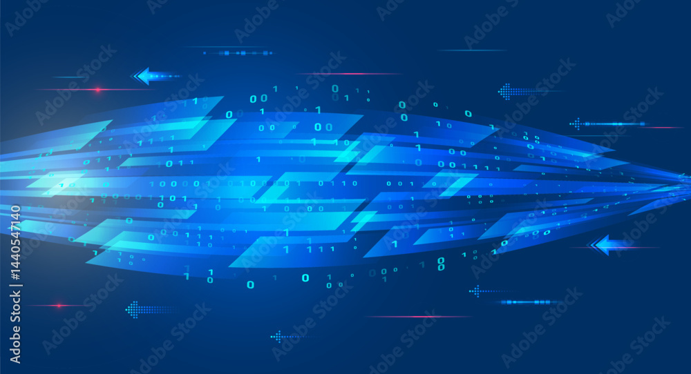 Poster Abstract technology background with glowing blue arrows and binary code on a dark gradient. Concept of data transmission, innovation, and digital communication.