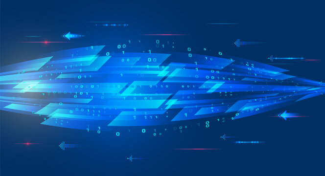 Abstract technology background with glowing blue arrows and binary code on a dark gradient. Concept of data transmission, innovation, and digital communication.