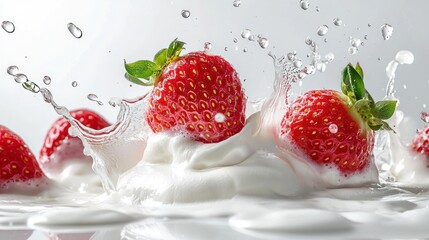 Ripe strawberries splashing into fresh cream, causing a swirl of cream on white background.
