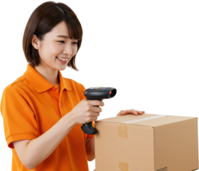 Smiling Woman in Orange Shirt Scanning Package with Barcode Scanner