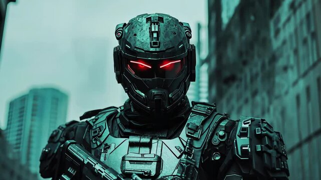 Futuristic robot patrol in urban environment with glowing eyes