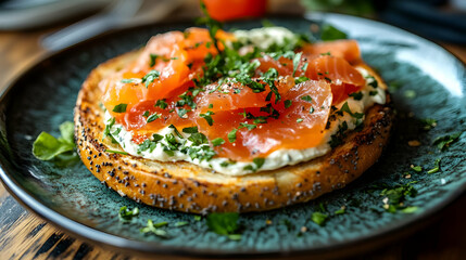 Closeup of Smoked Salmon on Toasted Bread with Cream Cheese & Parsley - Food Photography