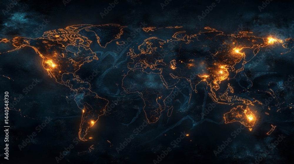 Poster global connectivity map visualization digital world graphic representation dark theme abstract view 