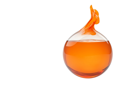A round glass vessel filled with orange liquid, featuring a dynamic splash rising from its top.