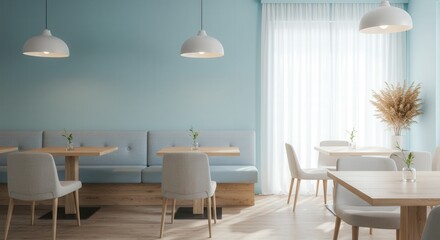 Fototapeta premium Interior of bright cafe with wooden tables and white chairs