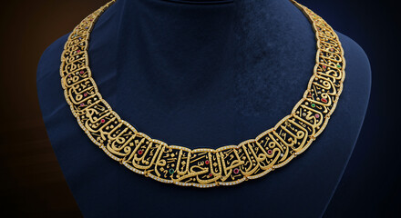 Luxurious gold necklace with intricate Arabic calligraphy  